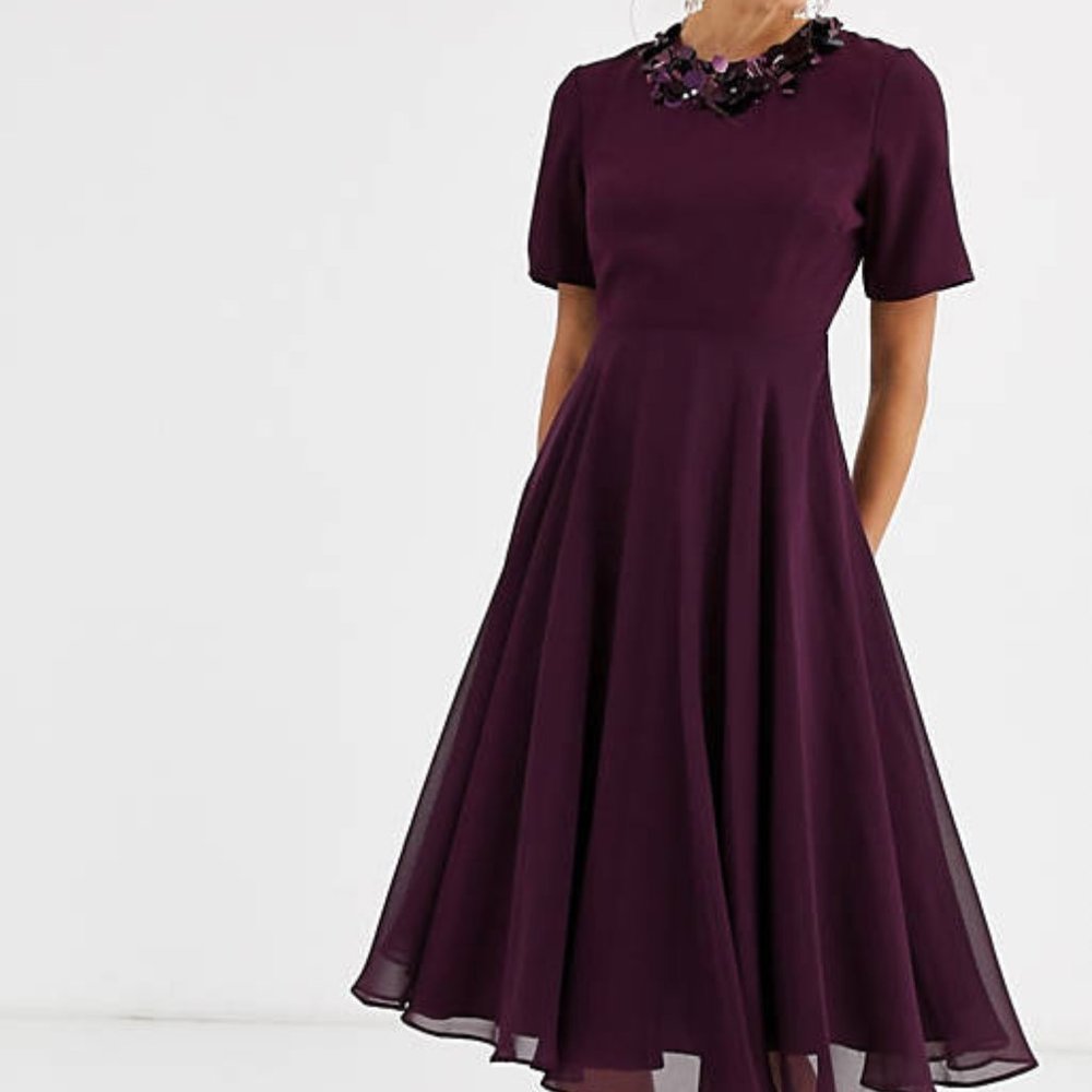 ASOS DESIGN Curve crop top embellished neckline midi dress, wine/burgundy